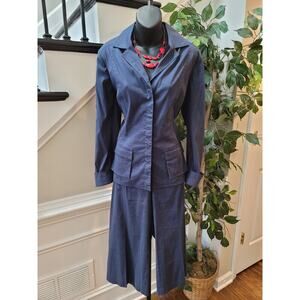 Tahari 2 Piece Suit Women's Size Large Blue Solid Casual Long Sleeve Wide Leg